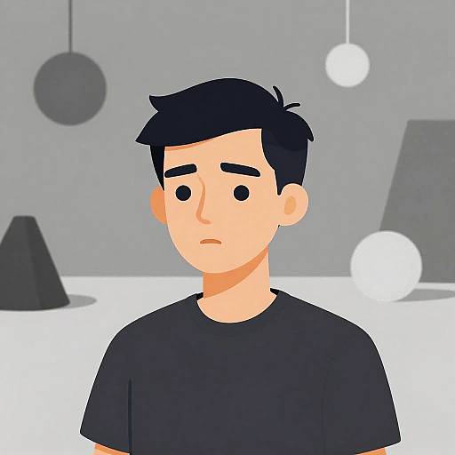 Digital illustration of a sad, young man with black hair, wearing a black shirt, in a minimalist gray room with hanging lights.