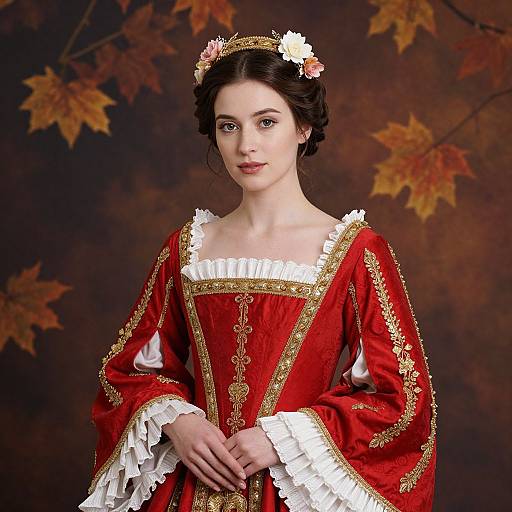 Photograph of a pale-skinned, dark-haired woman in a red and gold Renaissance-style dress with white lace, floral headband, and autumn leaves