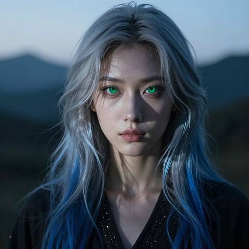 Photorealistic digital portrait of a pale-skinned woman with long, silver-blue hair and striking green eyes, set against a dark, mountainous background