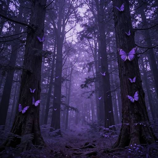 Photograph of a dense, misty purple-tinged forest with glowing purple butterflies perched on tall, dark trees, creating an ethereal,