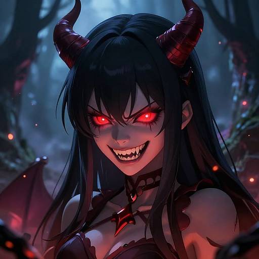 Digital anime-style artwork of a demonic woman with glowing red eyes, sharp teeth, black hair, red horns, and dark wings in a misty forest