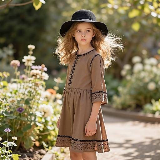 Young Girl in Brown Dress and Black Hat in Garden