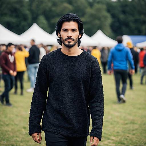 Man in Black Sweater at Outdoor Festival
