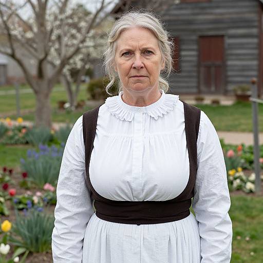 Photograph of an elderly white woman with gray hair, wearing a white long-sleeve dress and black apron, standing in a colorful garden with