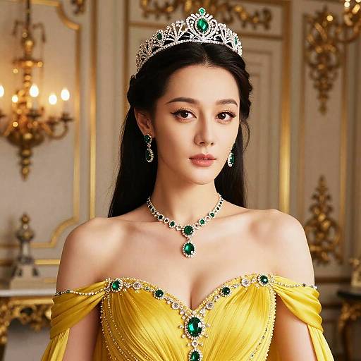 Photograph of a beautiful Asian woman with long black hair, wearing a yellow off-shoulder gown adorned with green gems, a silver tiara,