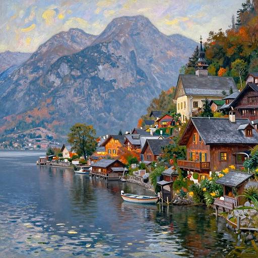 Whimsical painting of a picturesque lakeside village with wooden houses, a church, mountains, and calm water, reflecting autumn colors.