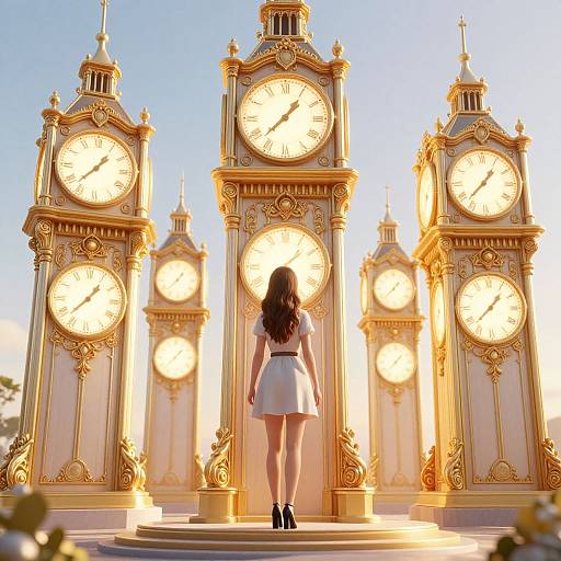 Photograph of a woman in a white dress and black heels, standing before four golden clock towers, backlit by sunlight.