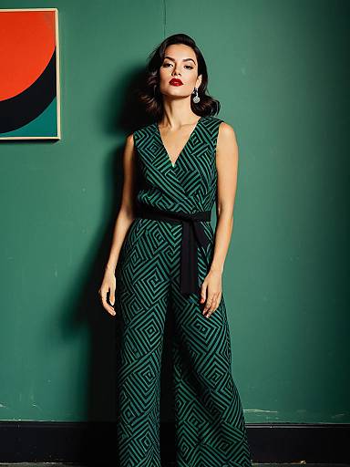 Woman in Geometric Print Jumpsuit