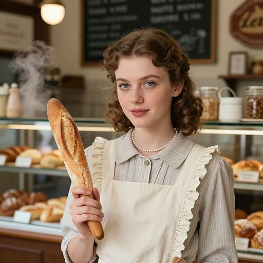 Photograph of a fair-skinned, brown-haired woman in vintage attire, holding a long, crusty baguette in a cozy bakery with shelves