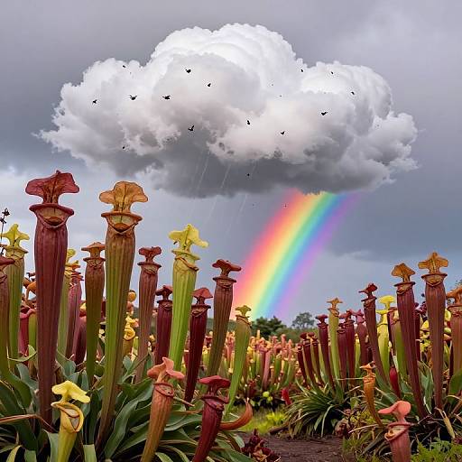Photograph of vibrant red and yellow pitcher plants under a dramatic gray cloud, with a rainbow and raindrops in the background.