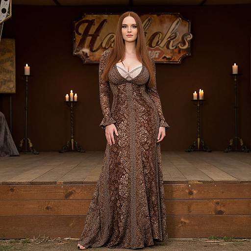 Photograph of a fair-skinned, red-haired woman with long hair, wearing a brown, long-sleeved, sparkling gown with a deep V