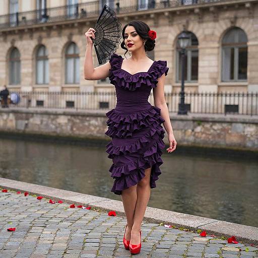 Elegant Woman in Purple Dress with Lace Fan by River