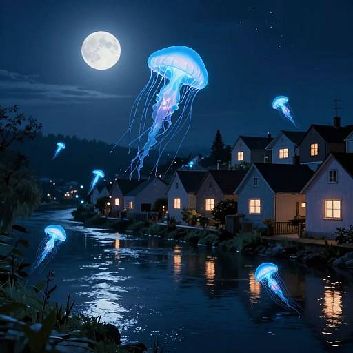 Nighttime photograph of a moonlit village with glowing blue jellyfish floating in a reflective river, illuminating quaint houses.