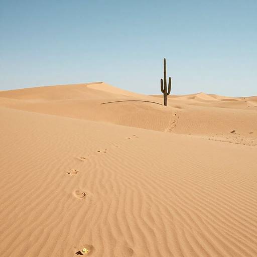 Photograph of a single tall cactus standing in a vast, sunlit desert with rippled, golden sand dunes under a clear blue sky.