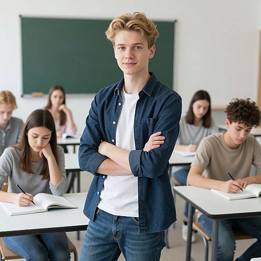 Photograph of a confident young blonde man with wavy hair, wearing a blue denim shirt over a white tee, standing with arms crossed in a classroom