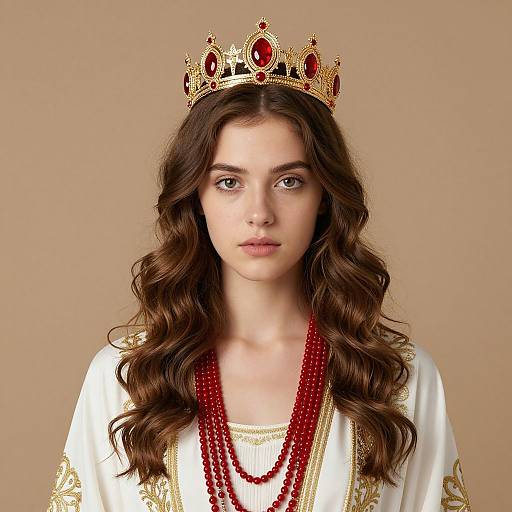 Photorealistic portrait of a young woman with long, wavy brown hair, wearing a golden crown with red gems, white robe, and red be