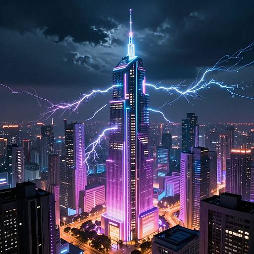Photograph of a neon-lit city skyline at night with a central skyscraper emitting vibrant purple and blue lightning bolts against a dark, cloudy sky.