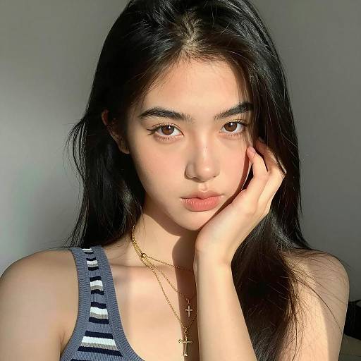 Young Woman Wearing Gold Cross Necklaces