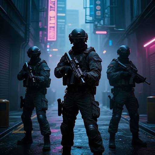 Cyberpunk alleyway at night; three heavily-armed, black-clad soldiers in helmets, holding guns, standing in a tense, neon-l