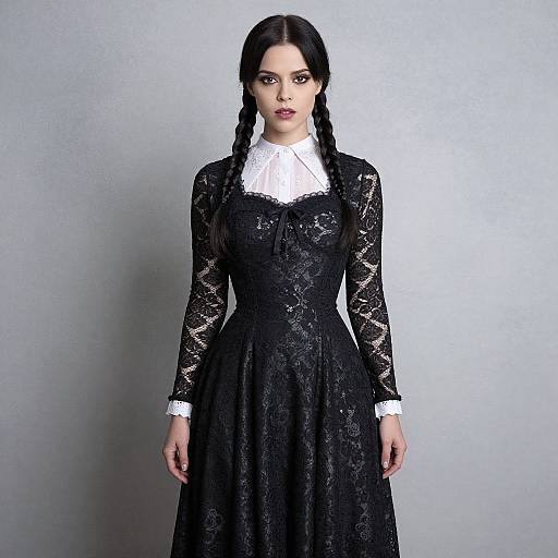 Photograph of a pale-skinned woman with dark braided hair, wearing a black lace Victorian-style dress with a white ruffled collar, standing against