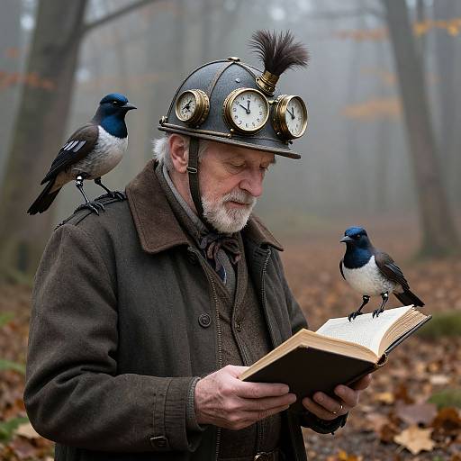 Photograph of an elderly white man with a beard, wearing a steampunk helmet and brown coat, reading a book while two blue-and-white birds