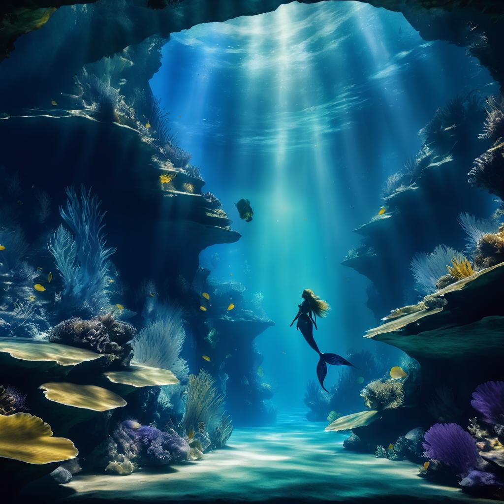 Dramatic Mermaid Scene in Underwater Cave