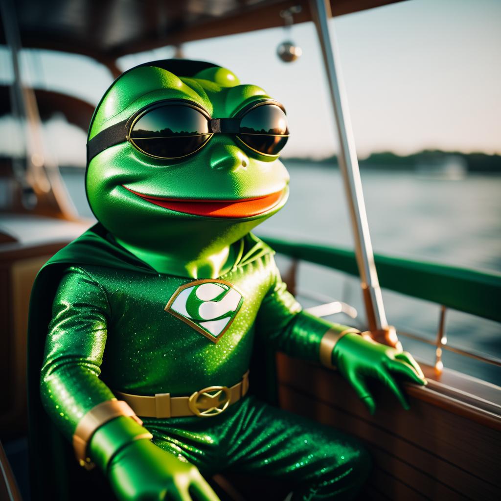 Pepe the Frog as a Superhero on a Boat