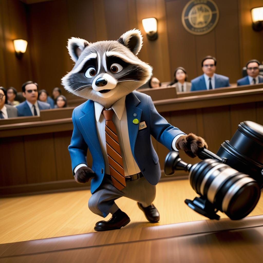 Animated Pixar Courtroom with Raccoon Lawyer