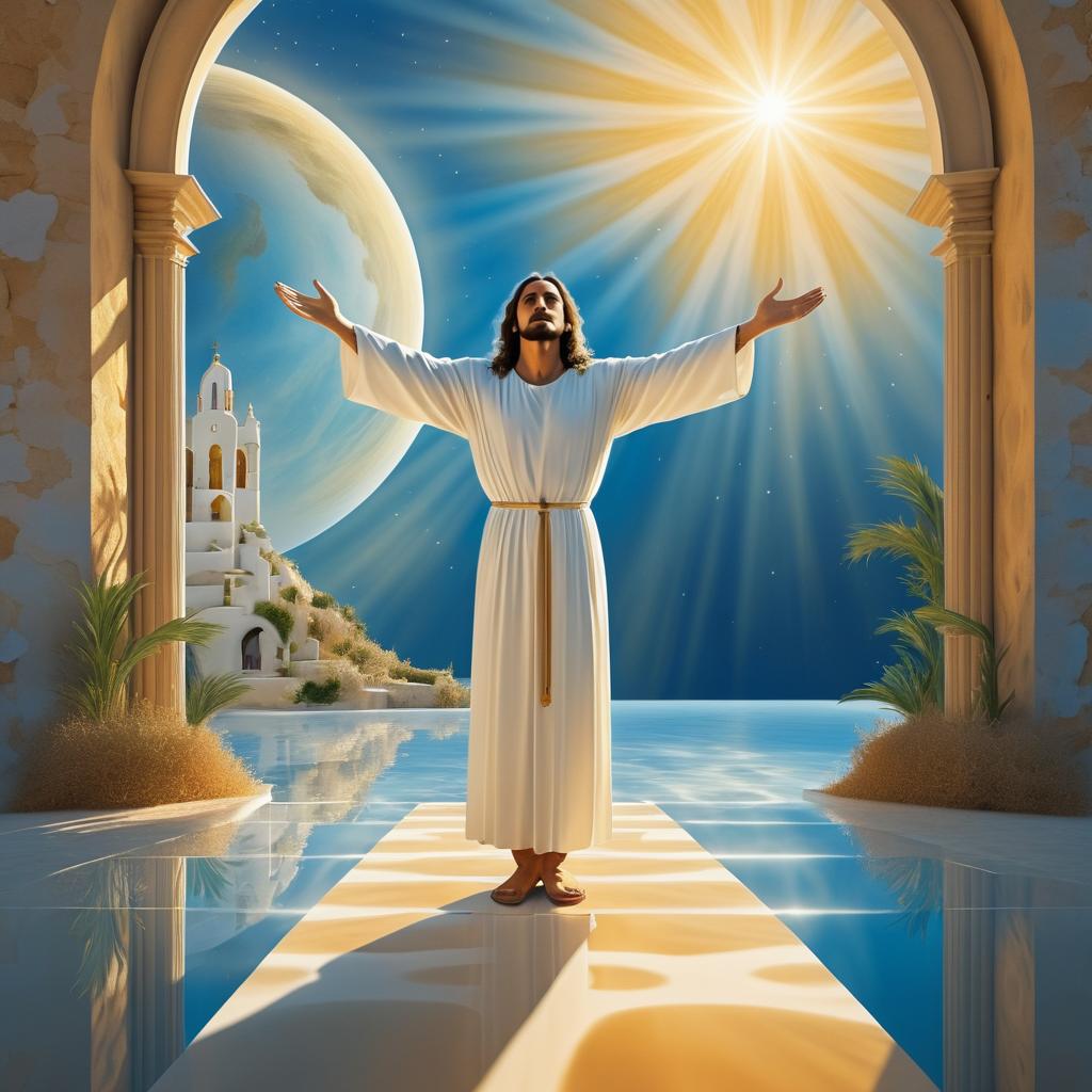 Surreal Christ Embracing in Dreamlike Landscape