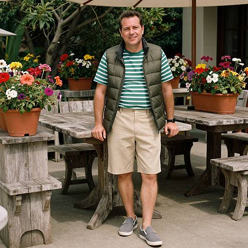 Photograph of a smiling man with short brown hair, wearing a green-striped shirt, beige shorts, black vest, and gray sneakers, standing in a