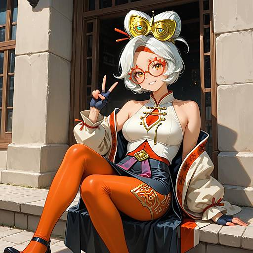 Anime Style Girl in Orange Leggings Sitting Outdoors