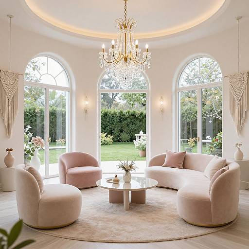Photograph of a luxurious, sunlit living room with pink velvet armchairs, a circular white coffee table, crystal chandelier, and large ar