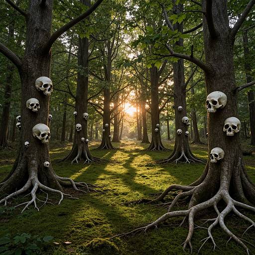 Photograph of eerie forest with trees adorned with numerous white skulls, sunlight filtering through dense green foliage, casting shadows on moss-covered ground.