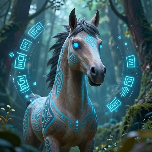Digital art of a glowing blue-eyed, tribal-patterned horse with neon runes in a mystical, misty forest. Horse's mane and body markings shimmer