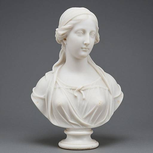 Photograph of a white marble bust sculpture depicting a serene, classical woman with draped clothing, soft features, and a calm expression.