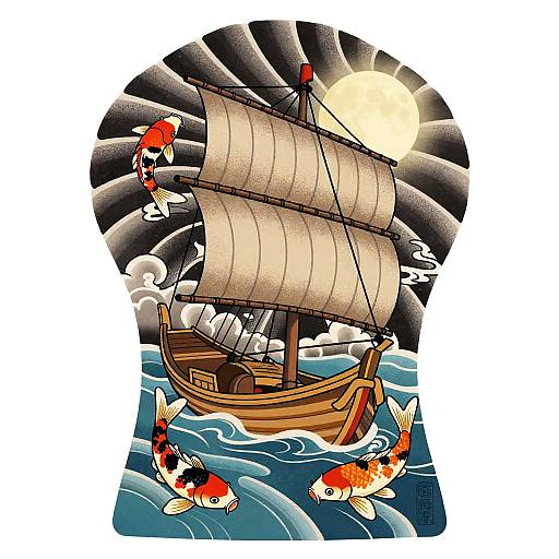 Japanese Boat Tattoo with Koi and Moon
