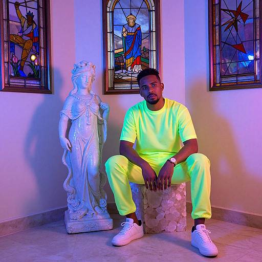 Neon Lit Man with Carved Statue