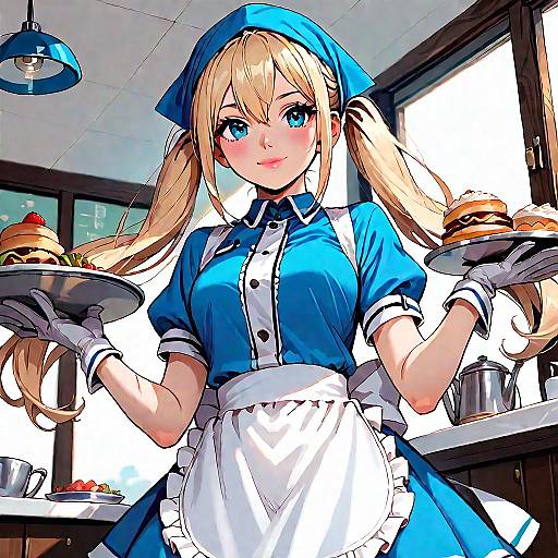 Anime-style drawing of a blonde maid with blue eyes, wearing a blue and white dress, holding plates with food in a bright kitchen.