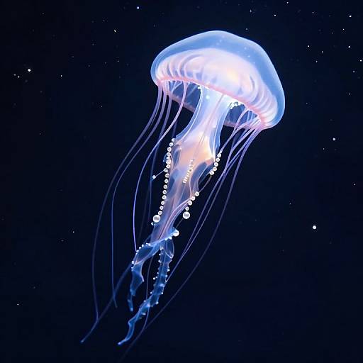 Glowing blue jellyfish with translucent bell and trailing tentacles, illuminated against a dark blue, star-speckled ocean background. Digital art.