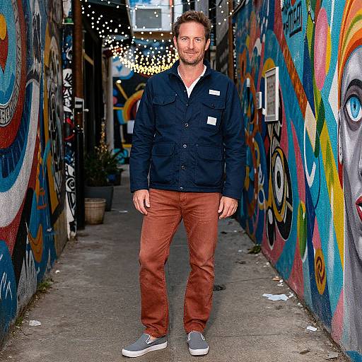 Photograph of a bearded man with short brown hair, wearing a black jacket, brown pants, and gray sneakers, standing in a vibrant, graffiti