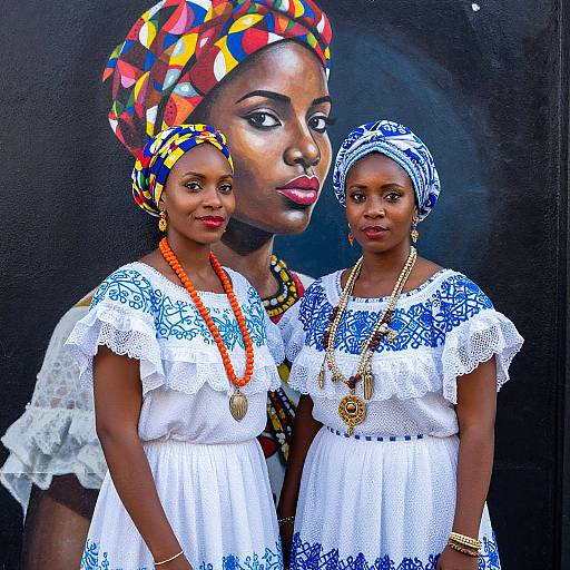 Photograph of three African women in white dresses with blue embroidery, wearing colorful headscarves and beaded necklaces, standing against a black background with
