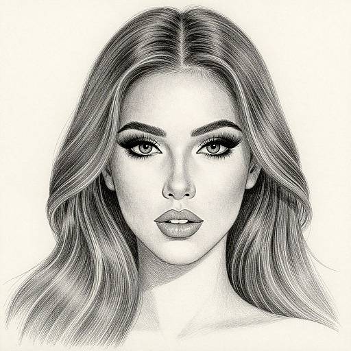 Black-and-white pencil drawing of a woman with long, wavy hair, striking eyes, and full lips, staring directly at the viewer.