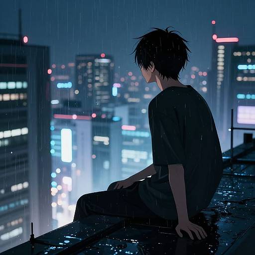 Moody Cyberpunk Anime Rooftop Scene