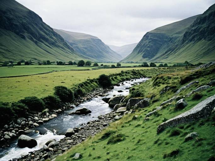 Serene English Landscape with River and Mountains