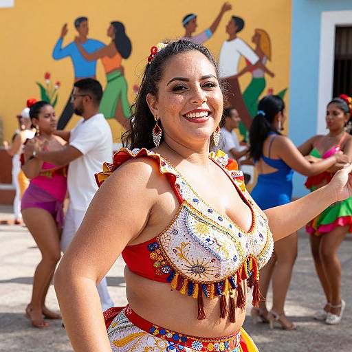 Photograph of a smiling Latina woman in a vibrant, embroidered traditional Mexican dance outfit, surrounded by dancers in colorful costumes, against a yellow and blue building