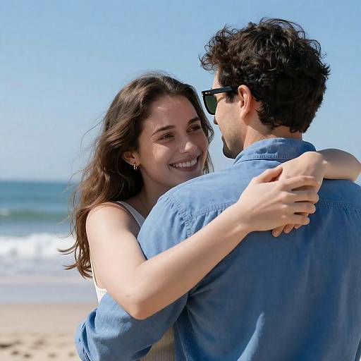 Photograph of a smiling couple embracing on a sunny beach, with the woman in a white tank top and the man in a blue shirt, both facing