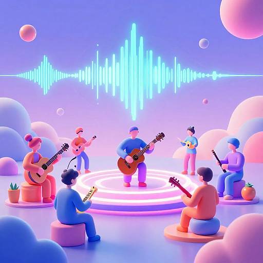 CGI illustration of a neon-lit, futuristic band performing on a circular stage surrounded by colorful bubbles and floating planets. Musicians play guitars and a