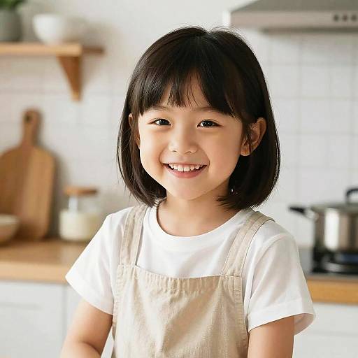 Photograph of a smiling Asian girl with black bob haircut, wearing a white shirt and beige apron, in a bright kitchen.