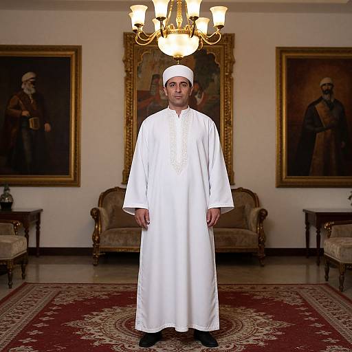 Photograph of a man in white traditional attire and cap, standing in an elegant room with chandelier, framed portraits, and ornate furniture.