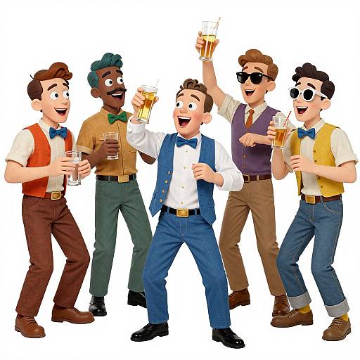 Cartoon-style illustration of five cheerful men in vintage attire, each holding a beer, celebrating with various expressions and poses.